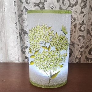 Valarie Parr Hill 8" Butterfly Hydrangea Lighted Crackle Glass Hurricane Green