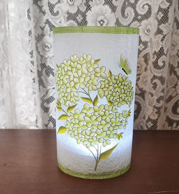 Valarie Parr Hill 8" Butterfly Hydrangea Lighted Crackle Glass Hurricane Green