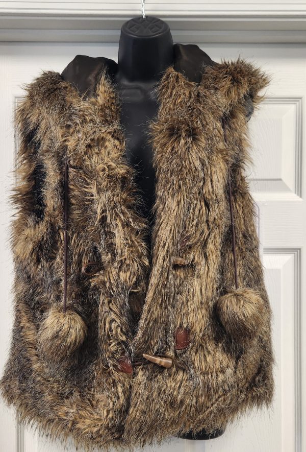 Pamela McCoy Brown Faux Fur Vest Size XLarge with Hood And Pom Pom