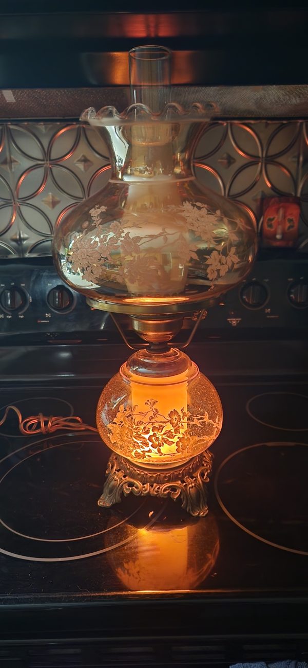 Accurate Casting Co. Amber Etched Floral Gone with the Wind Lampwith Blue & Brown Country Floral Motif - Image 4