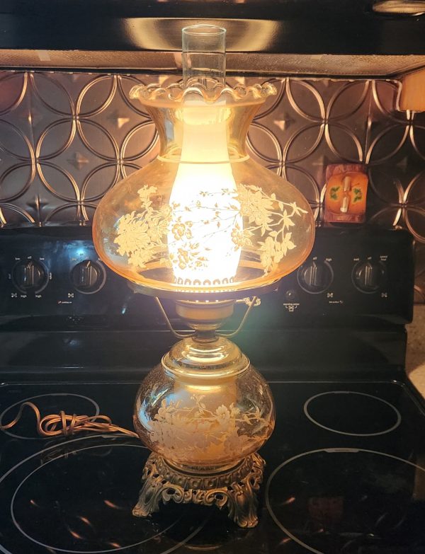 Accurate Casting Co. Amber Etched Floral Gone with the Wind Lampwith Blue & Brown Country Floral Motif - Image 2