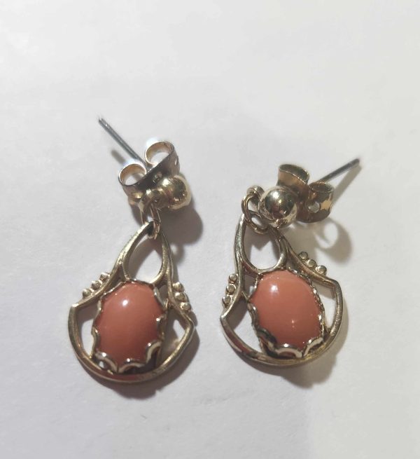 Gold Tone Pink Coral Dangle Earings