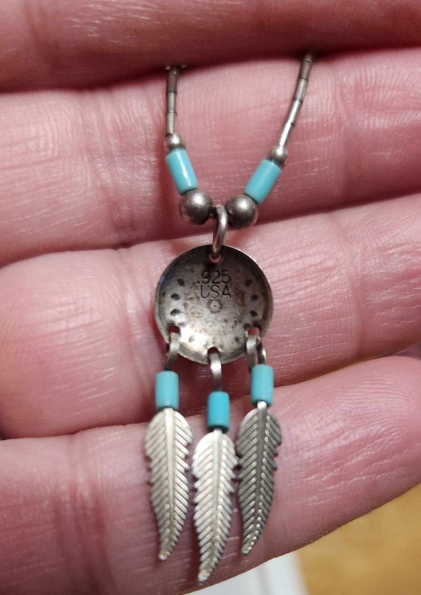 Southwestern Ster Silver Necklace 3 Feath Mandala PendantTorquois Beads Screw Clasp 16" - Image 2