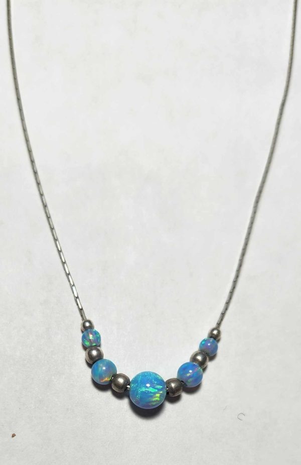 Blue Opal Sterling Silver 925 Beaded Ball Necklace, with Tiny Silver Dot Beads