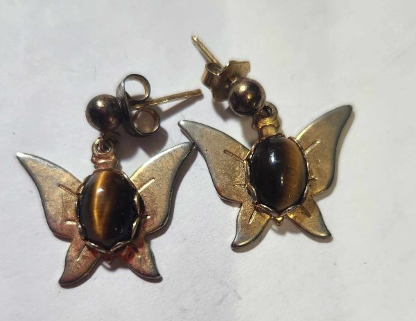 Goldtone Butterfly Tiger Eye Lucite Dangle Earings