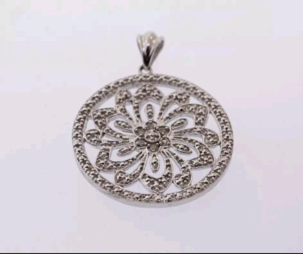 Sterling Silver .925 Medallion Natural Diamond Flower Pendant with 16" Chain - Image 5