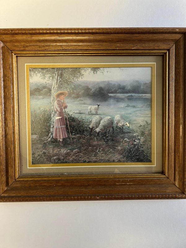 Bettie Felder Print Thru God's Grace Girl & Sheep Print Ornate Wood Frame Matted