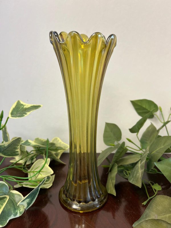 VTG 1970s Olive Green Glass 12" Rib Vase w/ Flare Top Rim