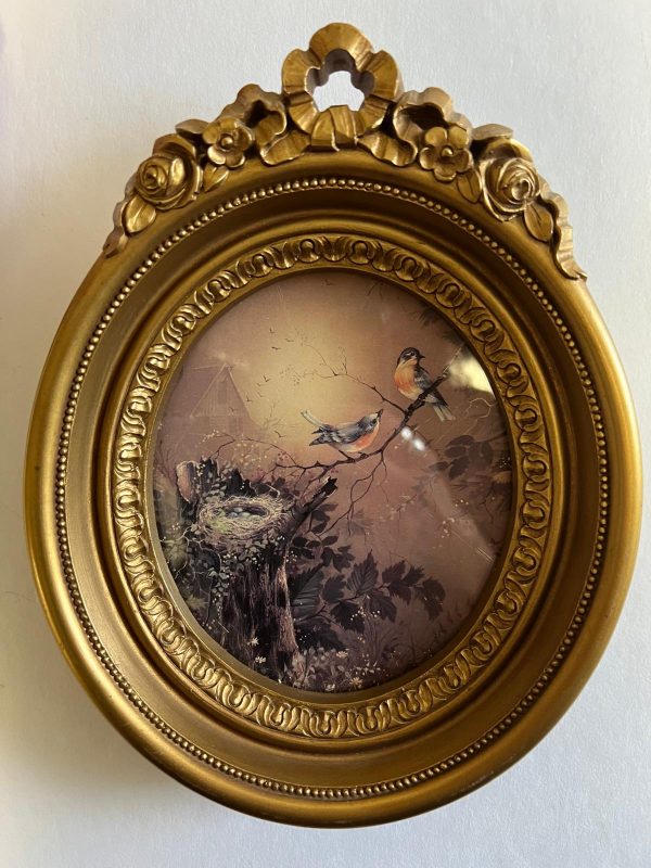 Vintage Picture Blue Bird & Nest Print Gold Frame, Homco