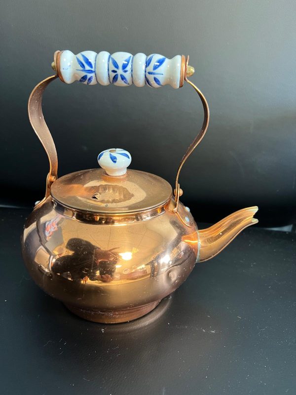 Copper Teapot w/ Blue& White Handle