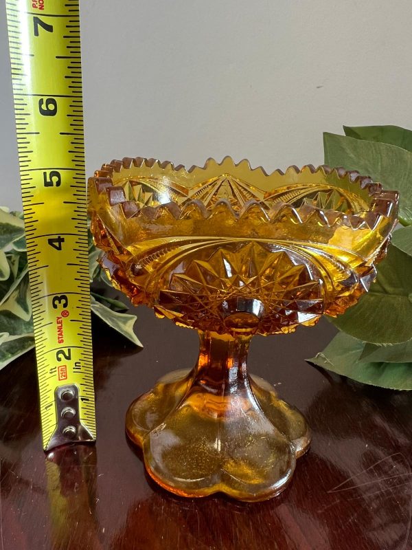 Kemper Wheaton, Amber Glass Pedestal Compote Candy Dish, Saw Tooth Rim