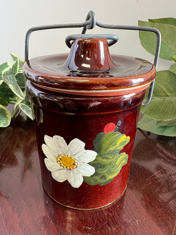 Vtg Brown Glazed Cheese/ Butter Crock With Lid Wire Bail Closure Hand Painted