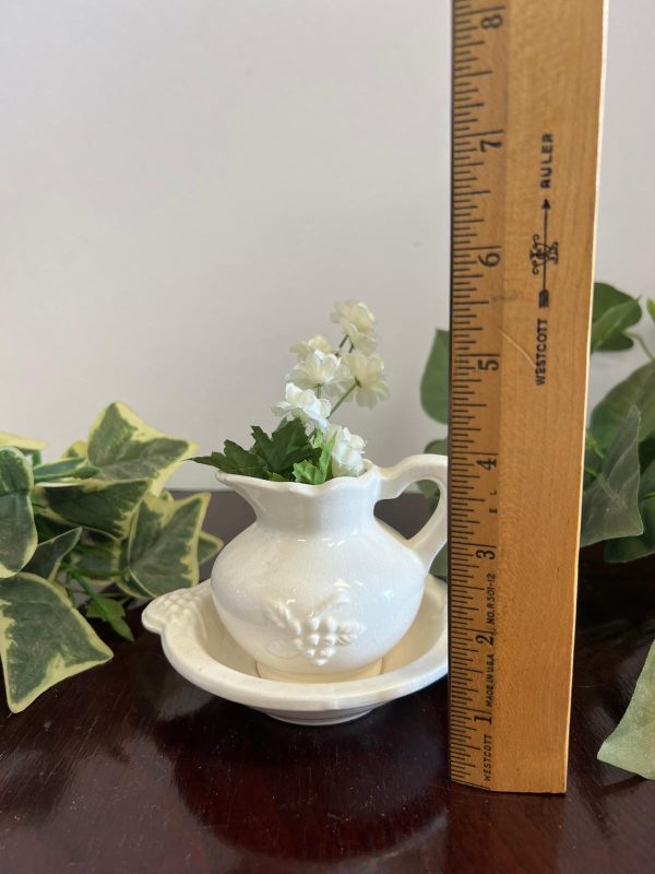 Ceramic Miniature Wash Pitcher and Bowl Basin 3D Grape Clusters Leaves