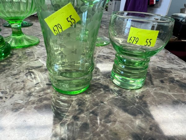 Green Uranium Glass Juice Glasses Etched Grape