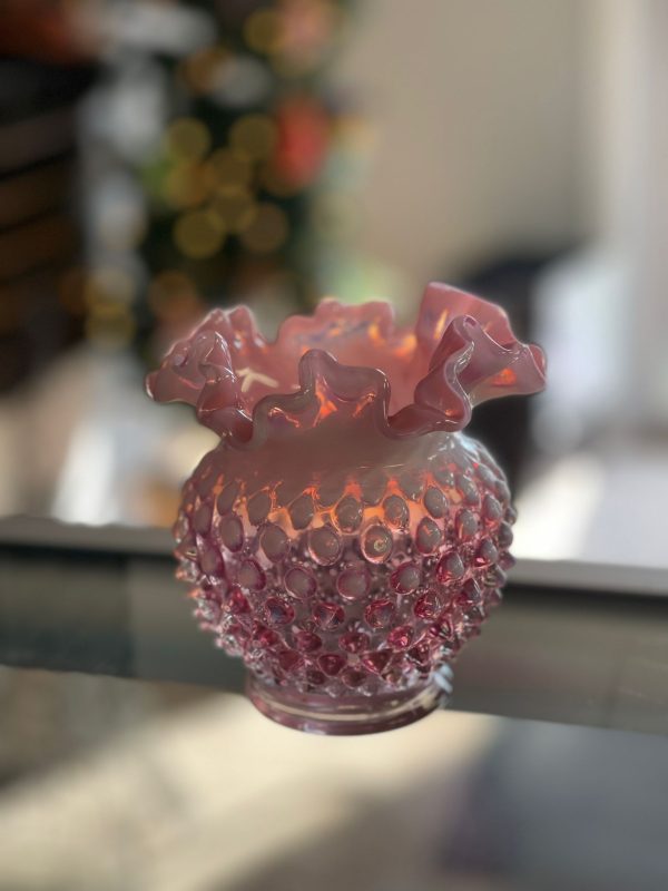 Fenton Hobnail Ruffled Edge Cranberry Vase